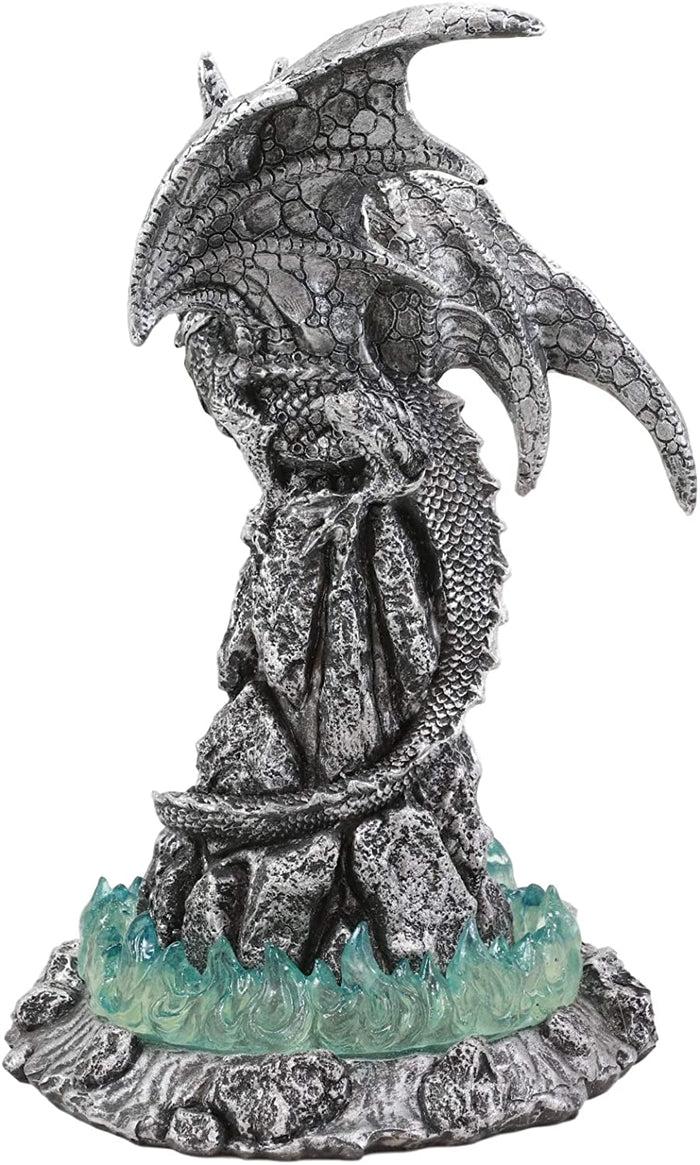 Ebros 10"H Volcano Blue Magma Dragon On Rock Tower Figurine With LED Night Light