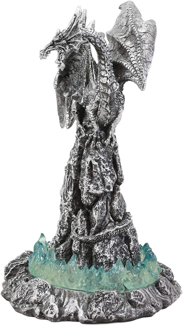 Ebros 10"H Volcano Blue Magma Dragon On Rock Tower Figurine With LED Night Light