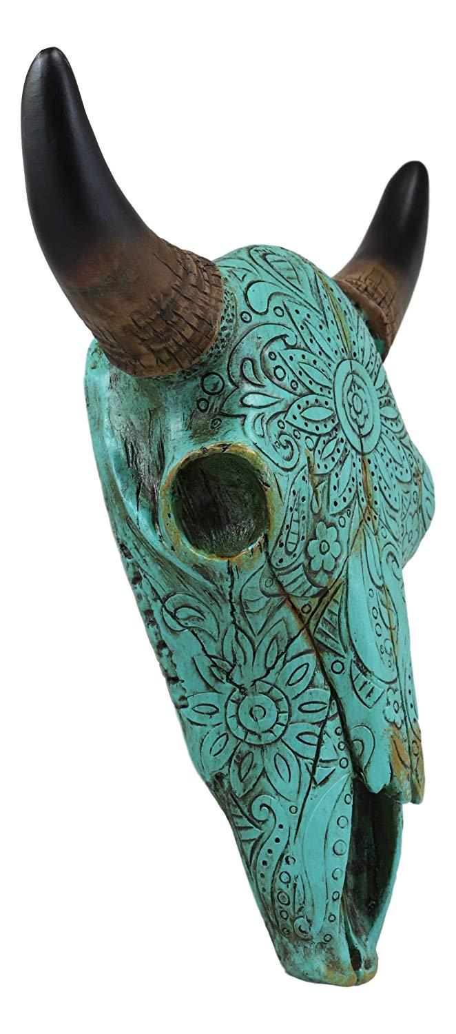 Ebros 10" Steer Bison Buffalo Cow Skull Turquoise Floral Lace Wall Decor Plaque