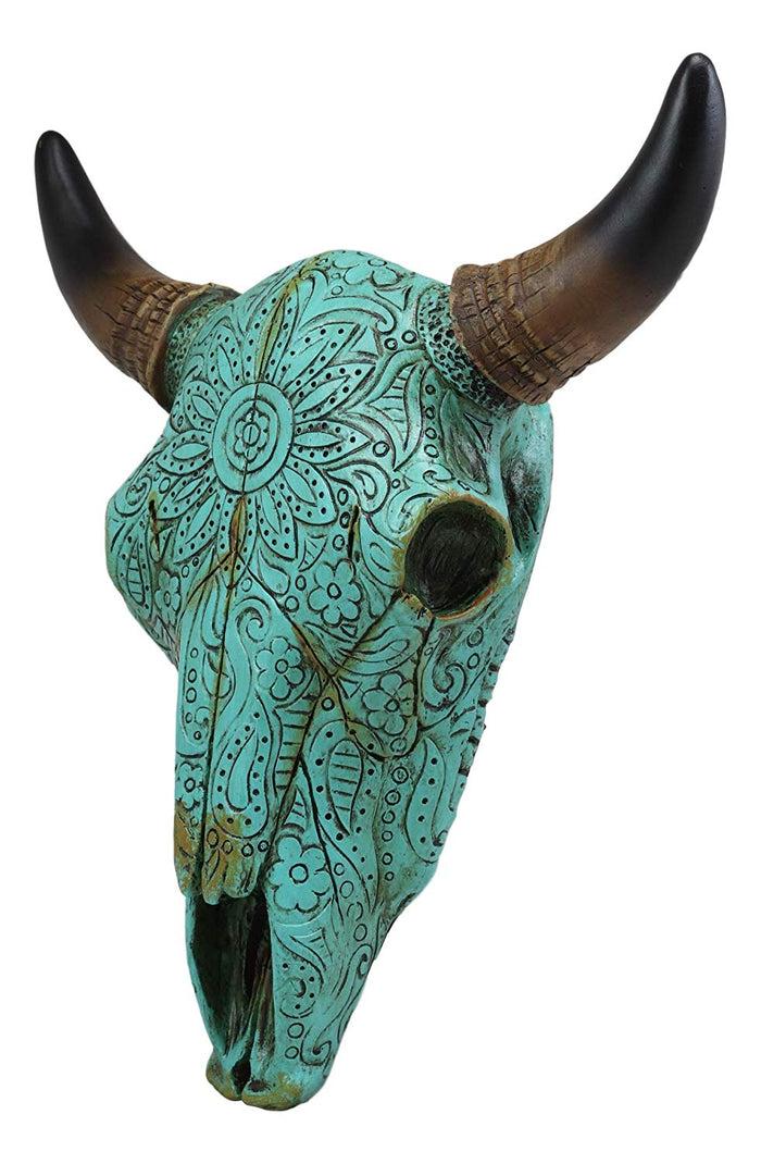 Ebros 10" Steer Bison Buffalo Cow Skull Turquoise Floral Lace Wall Decor Plaque