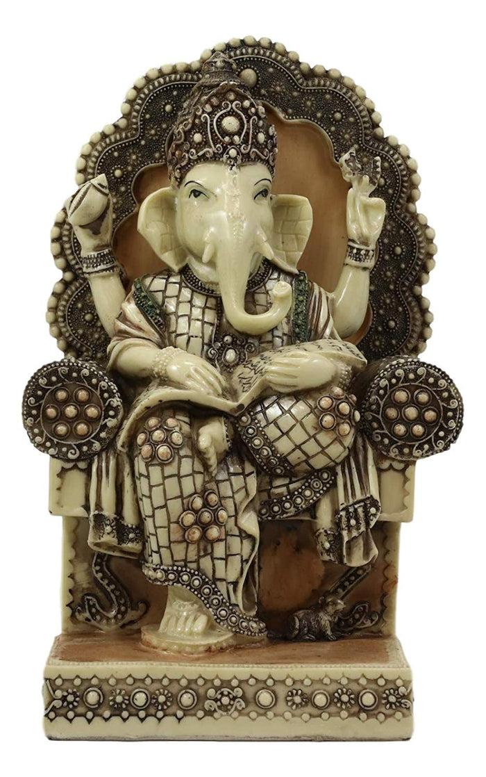 Ebros 11.25"Tall Hindu Ganesha Sitting On Royal Throne With Tiny Mouse Statue