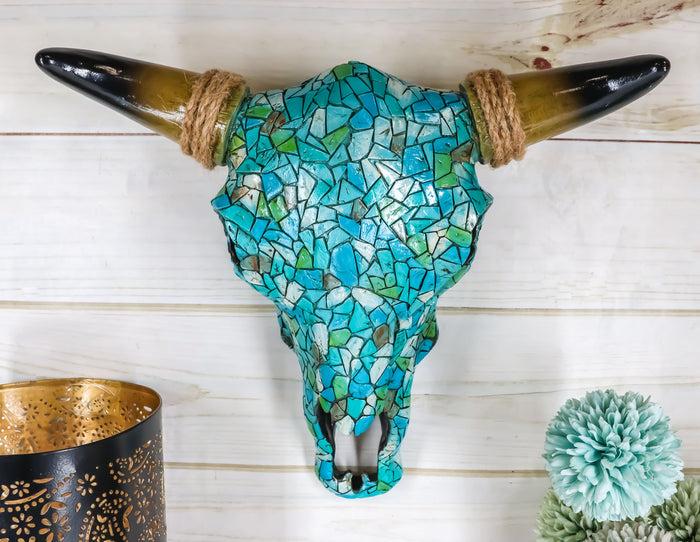 Ebros 11.5" W Turquoise Mosaic Steer Bison Bull Head W/ Horns Wall Mount Decor