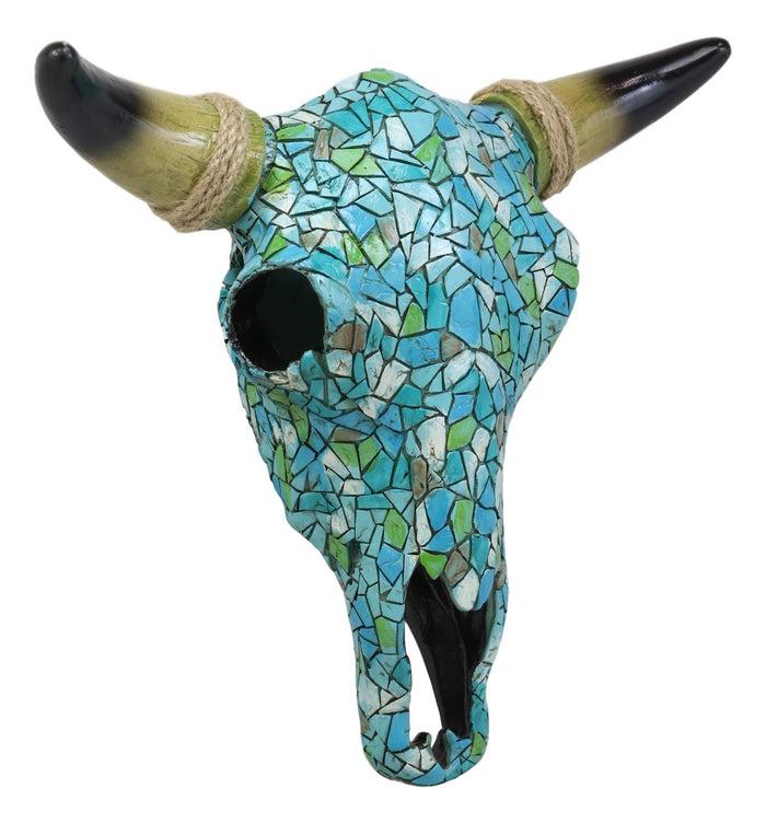 Ebros 11.5" W Turquoise Mosaic Steer Bison Bull Head W/ Horns Wall Mount Decor