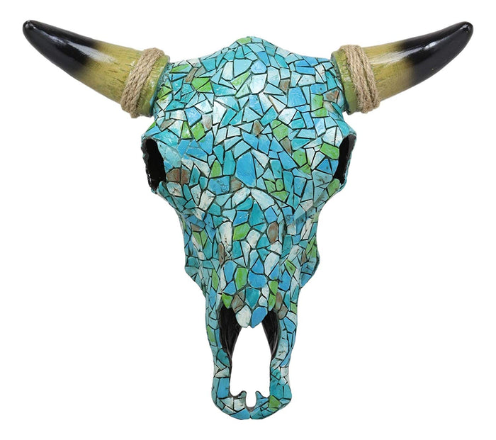 Ebros 11.5" W Turquoise Mosaic Steer Bison Bull Head W/ Horns Wall Mount Decor
