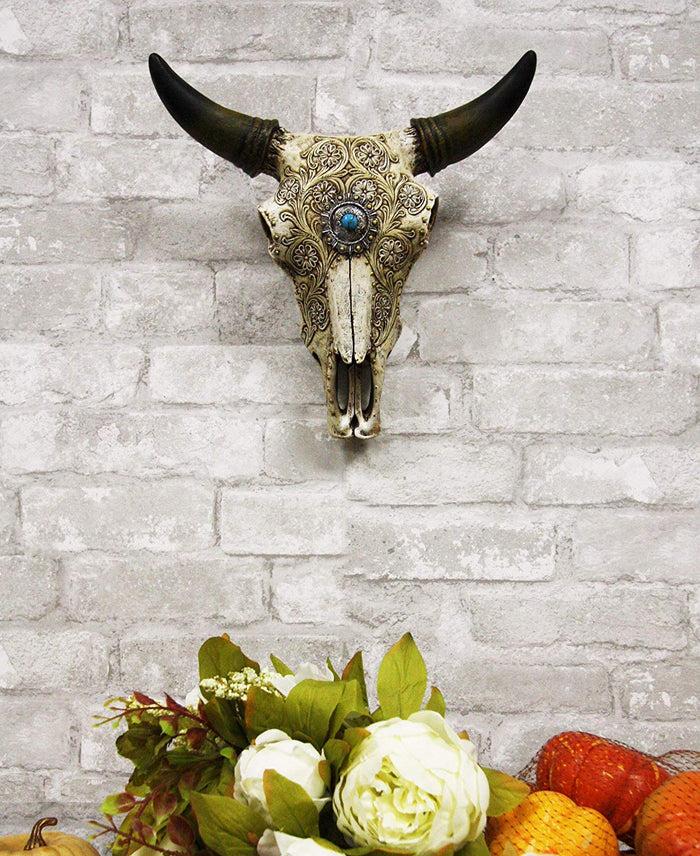 Ebros 11.5" Wide Southwest Steer Bison Buffalo Bull Cow Horned Skull Head With Lace Tooled Design And Turquoise Gem Hanging Wall Mount Flower Vase Decor