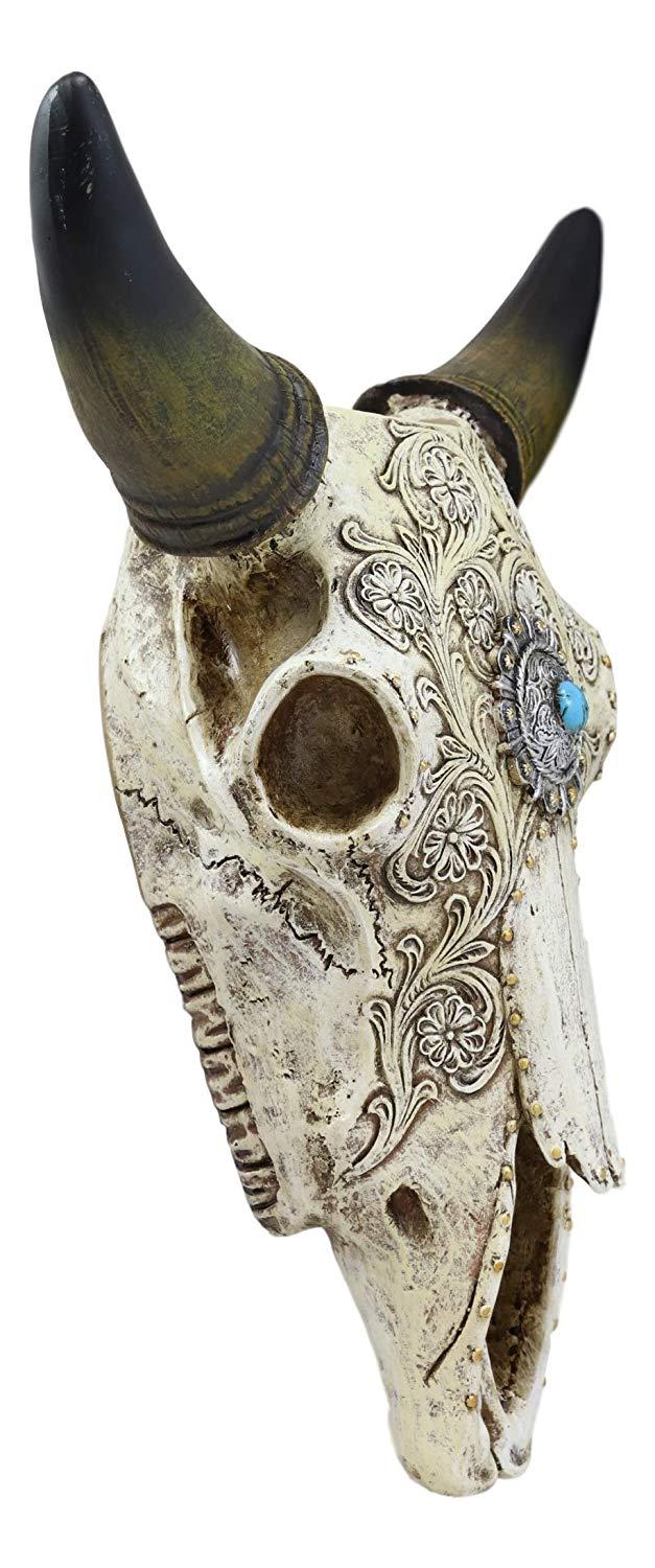 Ebros 11.5" Wide Southwest Steer Bison Buffalo Bull Cow Horned Skull Head With Lace Tooled Design And Turquoise Gem Hanging Wall Mount Flower Vase Decor