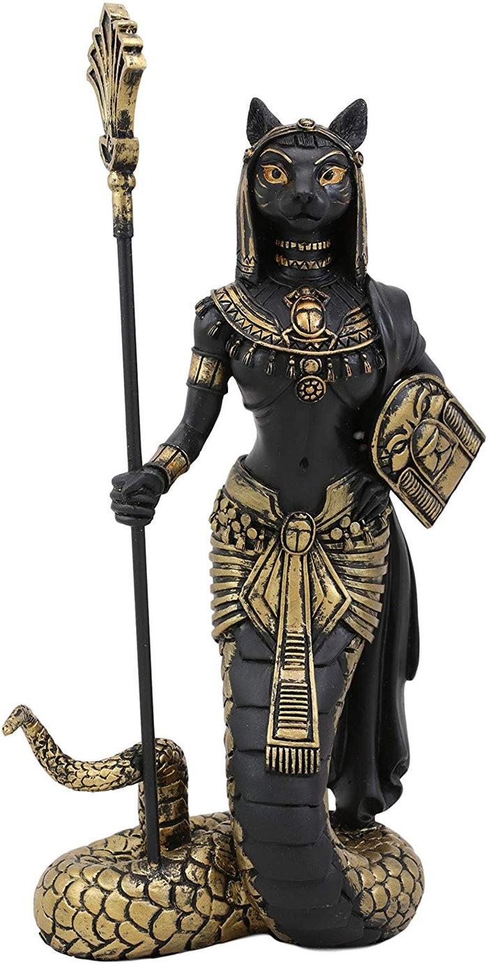 Ebros 11"H Egyptian Bastet Cat With Snake Holding Spear & Shield Statue 11"H