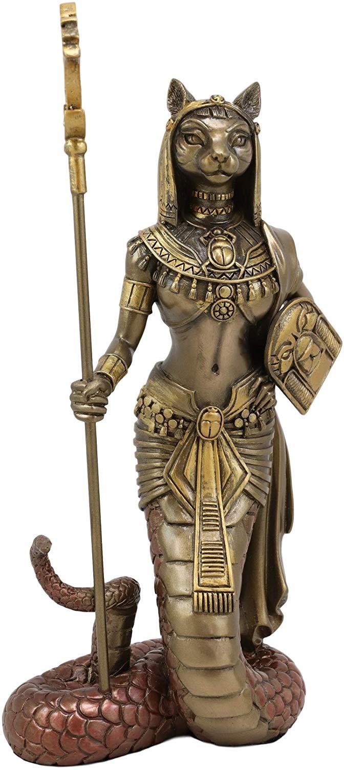 Ebros 11"H Egyptian Bastet Cat With Snake Holding Spear & Shield Statue 11"H