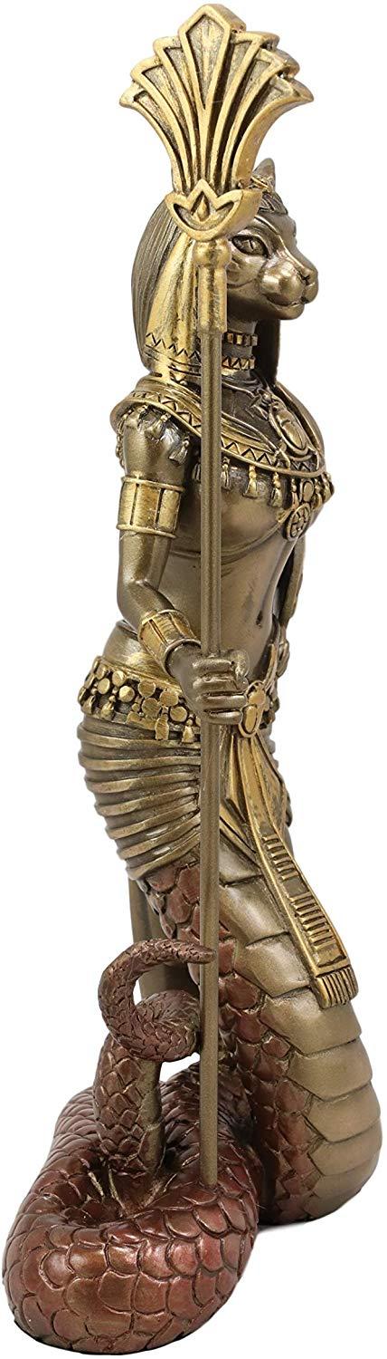 Ebros 11"H Egyptian Bastet Cat With Snake Holding Spear & Shield Statue 11"H