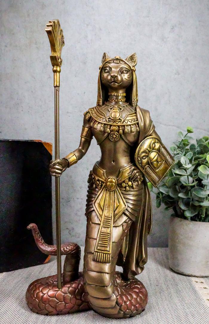 Ebros 11"H Egyptian Bastet Cat With Snake Holding Spear & Shield Statue 11"H