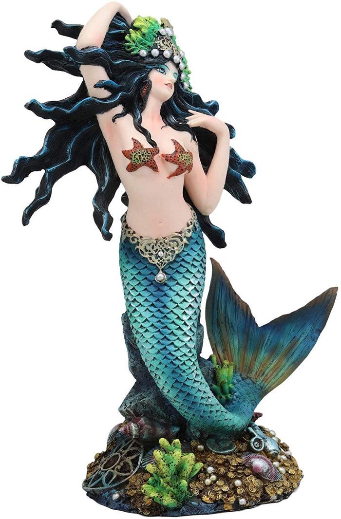 Ebros 11"H Nautical Turquoise Tail Mermaid Pearl Crown Princess By Treasures Statue