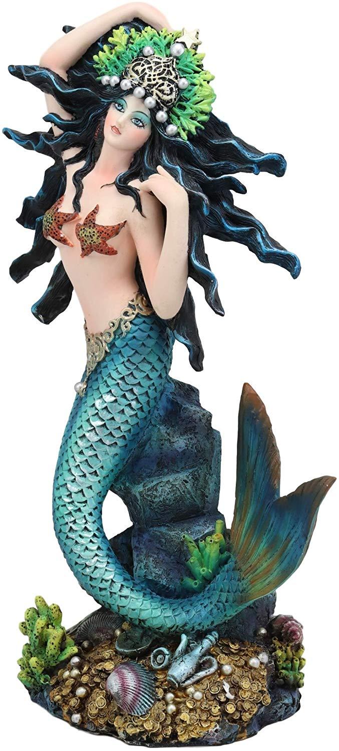 Ebros 11"H Nautical Turquoise Tail Mermaid Pearl Crown Princess By Treasures Statue
