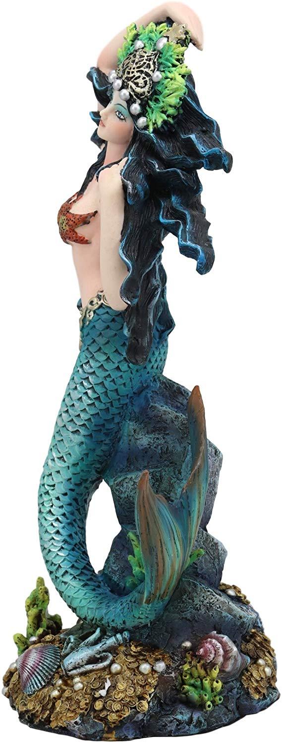 Ebros 11"H Nautical Turquoise Tail Mermaid Pearl Crown Princess By Treasures Statue