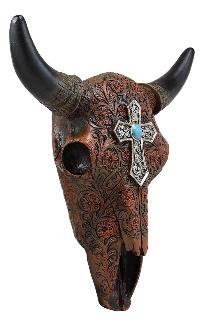 Ebros 11" High Western Southwest Steer Bison Buffalo Bull Cow Horned Skull Head With Turquoise Gem Silver Cross Tooled Leather Design Wall Mount Decor