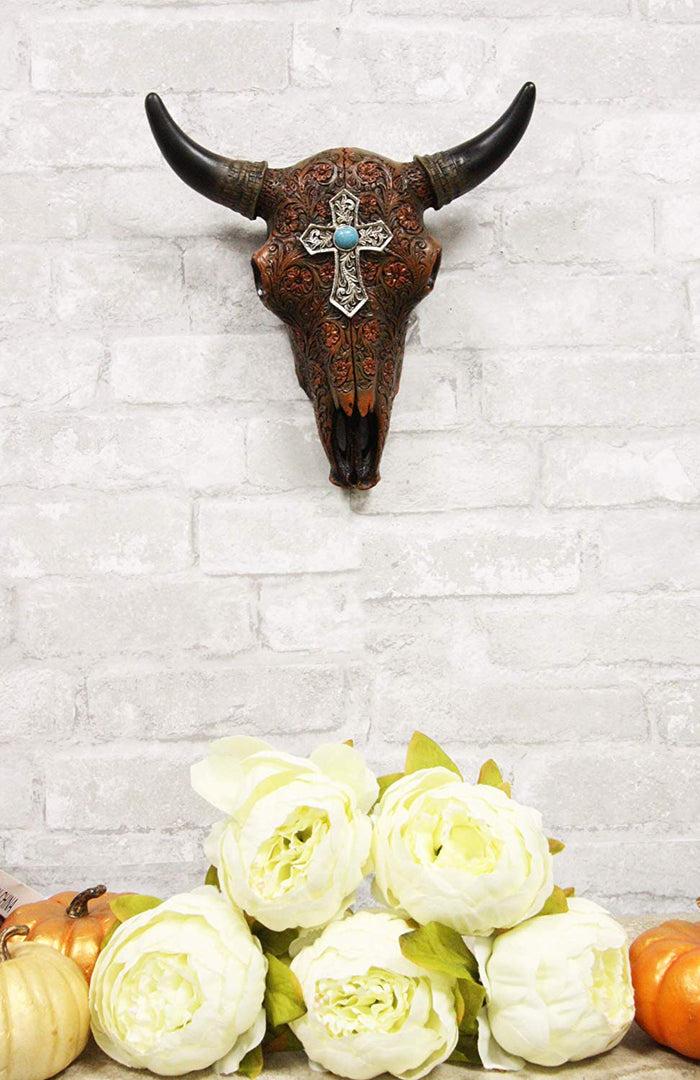 Ebros 11" High Western Southwest Steer Bison Buffalo Bull Cow Horned Skull Head With Turquoise Gem Silver Cross Tooled Leather Design Wall Mount Decor