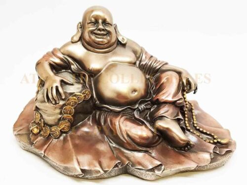 Ebros 11" Long Lucky Happy Buddha Resting On Fortune Coins Wealth Bodhisattva Sculpture Statue