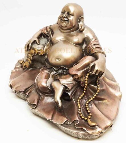 Ebros 11" Long Lucky Happy Buddha Resting On Fortune Coins Wealth Bodhisattva Sculpture Statue