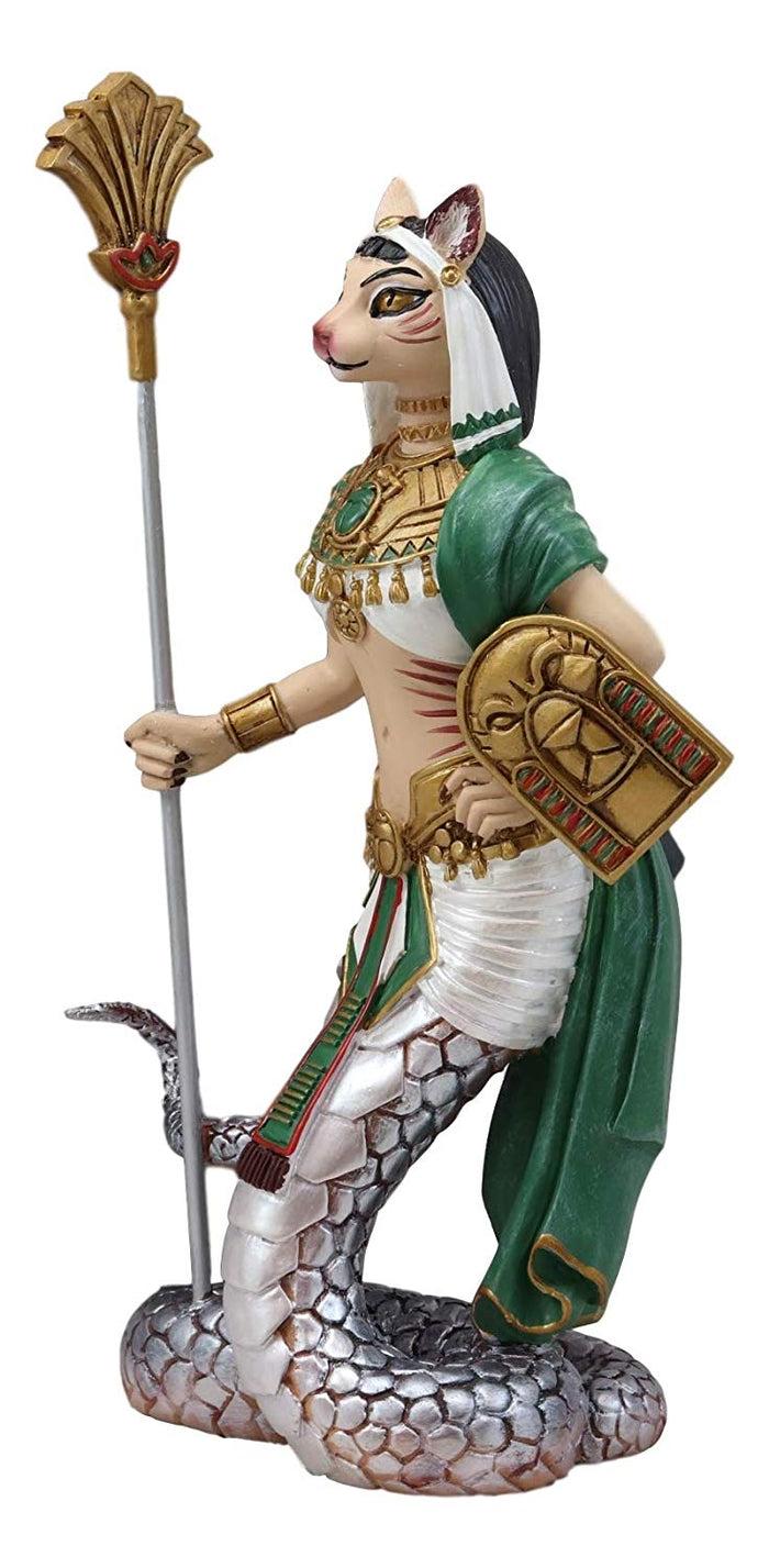 Ebros 11" Tall Colorful Egyptian Feline Goddess Bastet Cat With Slain Snake Apep Tail Holding Spear & Shield Statue 11" H Ubasti Bast Figurine