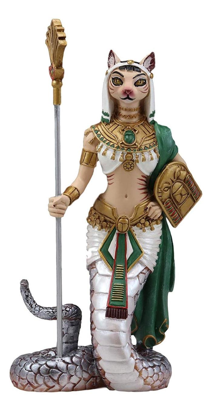 Ebros 11" Tall Colorful Egyptian Feline Goddess Bastet Cat With Slain Snake Apep Tail Holding Spear & Shield Statue 11" H Ubasti Bast Figurine