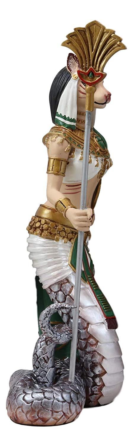 Ebros 11" Tall Colorful Egyptian Feline Goddess Bastet Cat With Slain Snake Apep Tail Holding Spear & Shield Statue 11" H Ubasti Bast Figurine