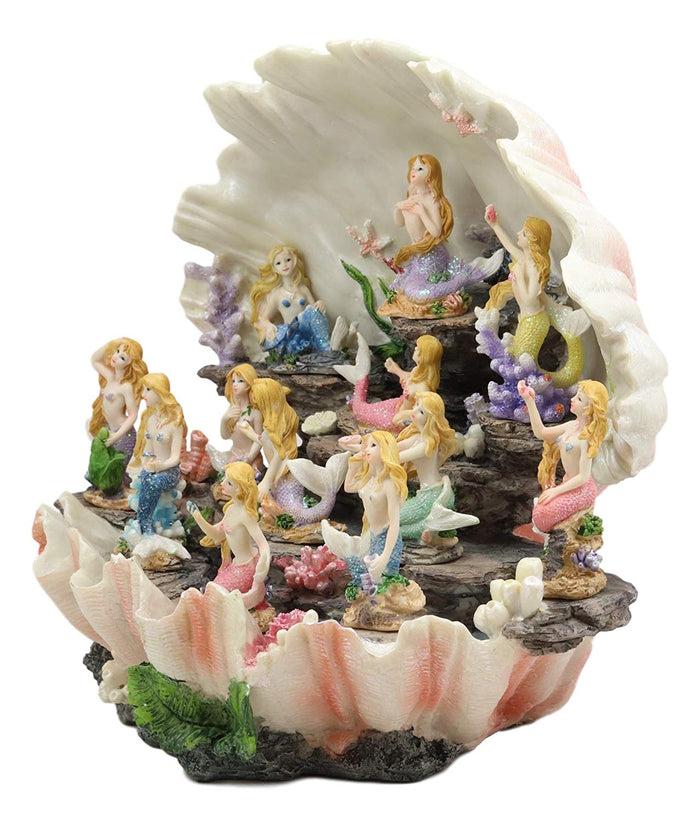 Ebros 12.25" Wide Colorful Nautical Ocean Giant Clam Shell Of The Coral Reefs Display Stand With 12 Miniature Mermaids Figurine Set Fantasy Mermaid Mergirls