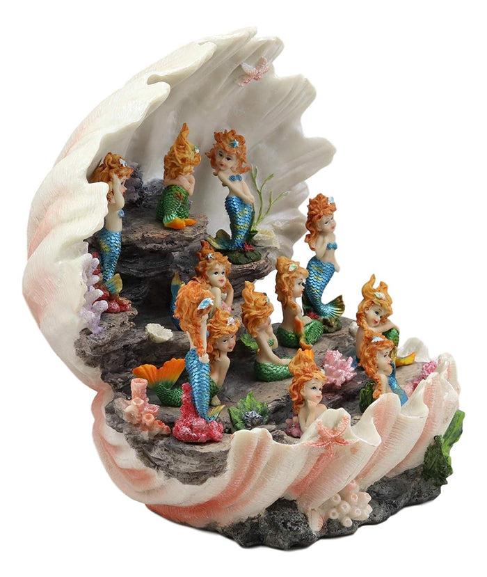 Ebros 12.25" Wide Colorful Nautical Ocean Giant Clam Shell Of The Coral Reefs Display Stand With 12 Miniature Mergirls Figurine Set Fantasy Mergirl Mermaids