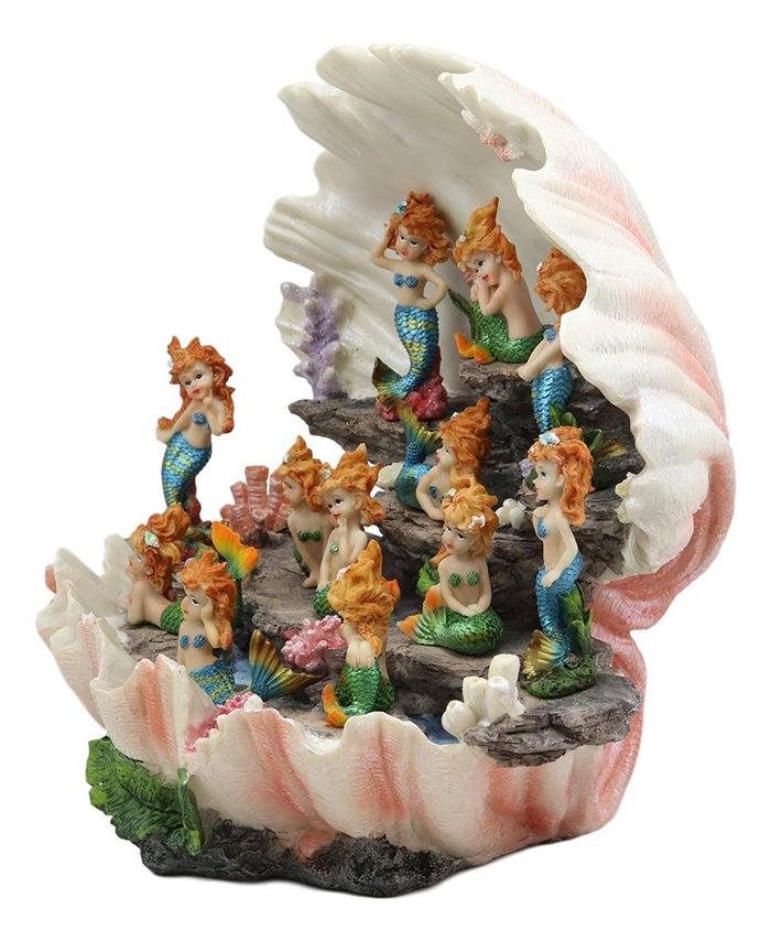 Ebros 12.25" Wide Colorful Nautical Ocean Giant Clam Shell Of The Coral Reefs Display Stand With 12 Miniature Mergirls Figurine Set Fantasy Mergirl Mermaids