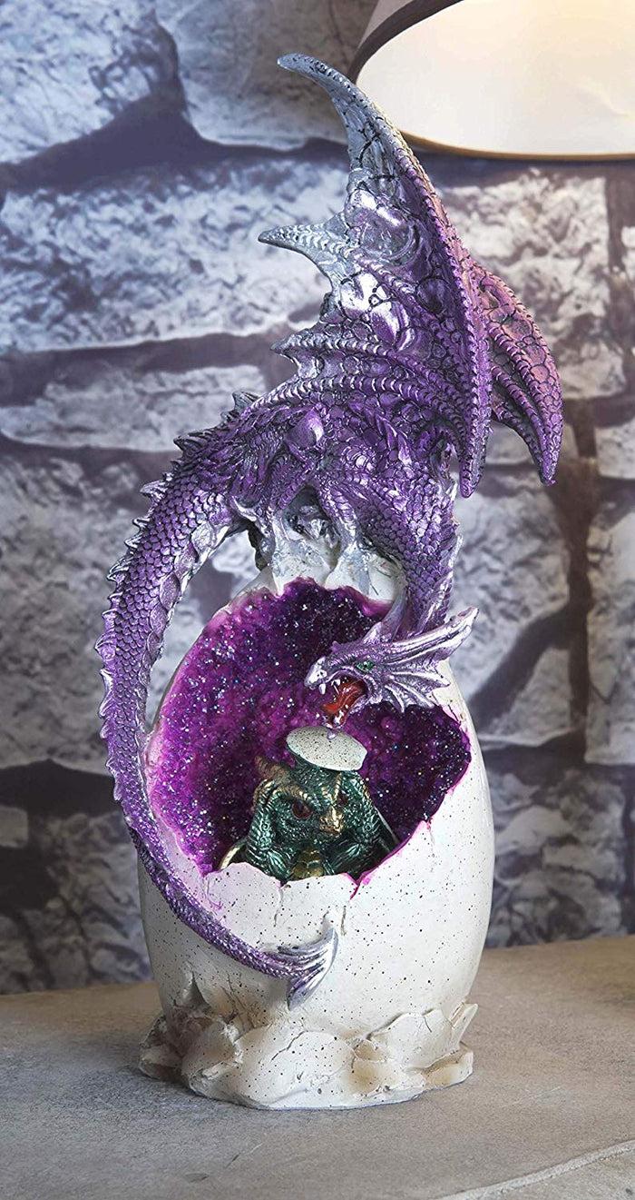 Ebros 12.5"H Magenta Dragon On Crystal Quartz Geode Egg LED Night Light Statue