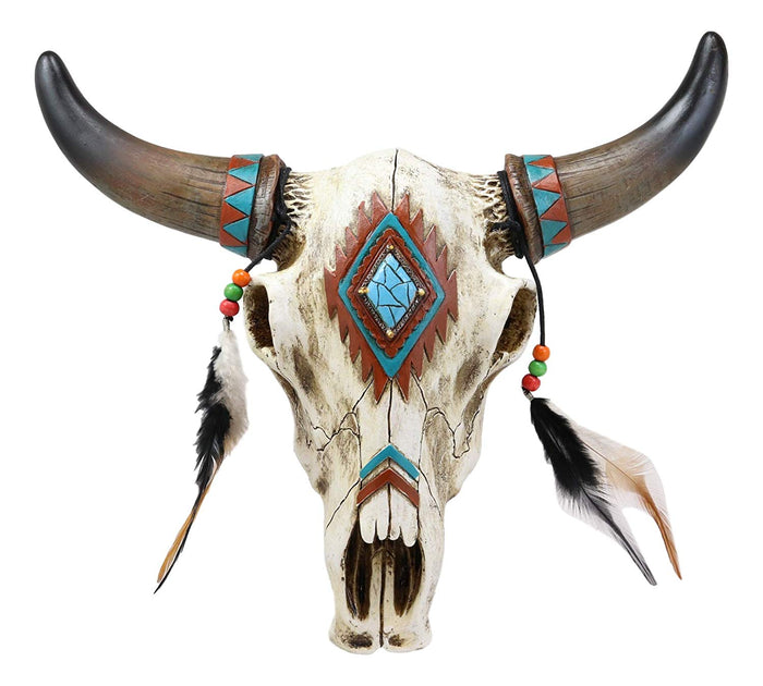 Ebros 12.5"L Southwest Steer Bison Bull Horned Skull With Feathers Wall Decor
