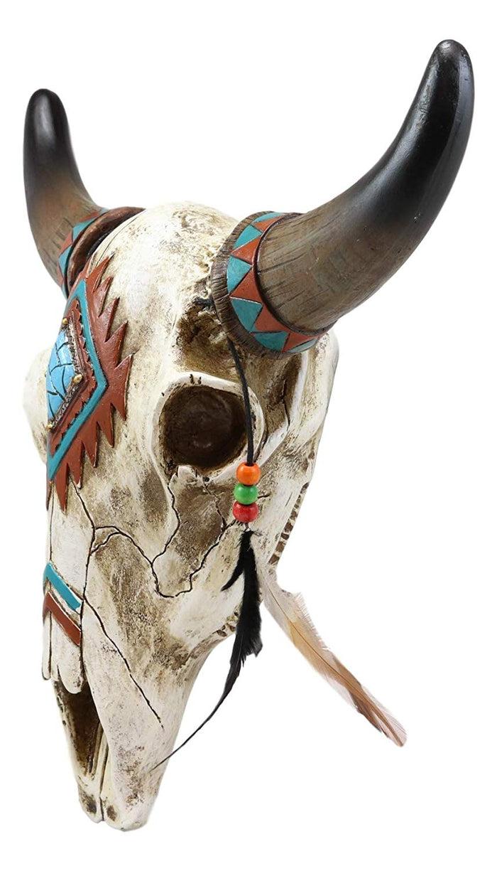 Ebros 12.5"L Southwest Steer Bison Bull Horned Skull With Feathers Wall Decor