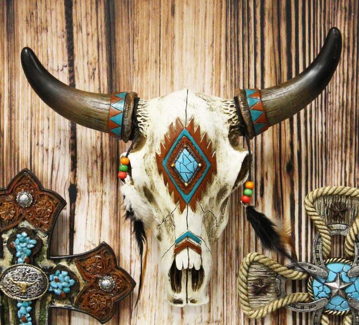 Ebros 12.5"L Southwest Steer Bison Bull Horned Skull With Feathers Wall Decor