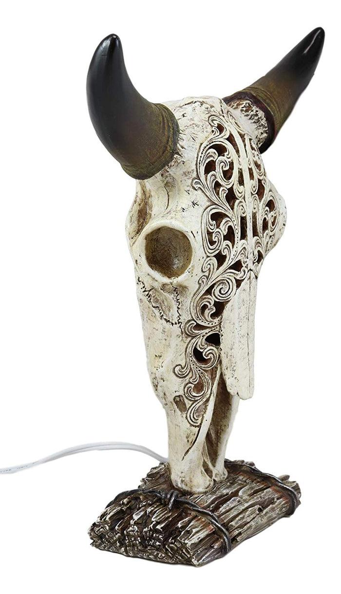 Ebros 12.5" Tall Southwest Aged Bone Tooled Filigree Lace Design Steer Bison Buffalo Bull Cow Horned Skull Head Night Light Lamp Centerpiece Side Table Decor Statue Skulls Western Accent Lighting