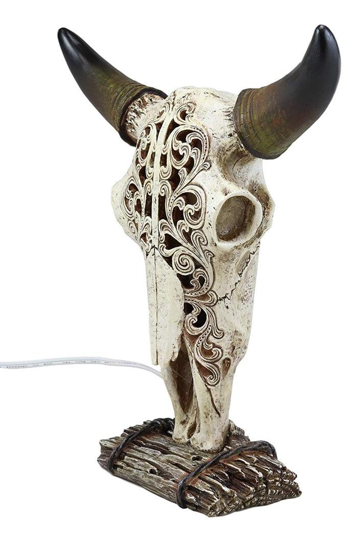 Ebros 12.5" Tall Southwest Aged Bone Tooled Filigree Lace Design Steer Bison Buffalo Bull Cow Horned Skull Head Night Light Lamp Centerpiece Side Table Decor Statue Skulls Western Accent Lighting