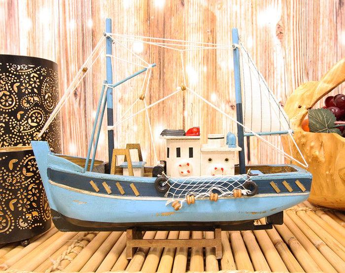 Ebros 12" L Blue Wooden Fishing Boat Model with Wood Base Stand Figure