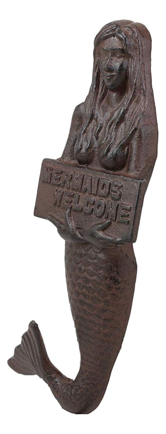 Ebros 12" Tall Cast Iron Mermaid Holding Mermaids Welcome Sign Wall Plaque
