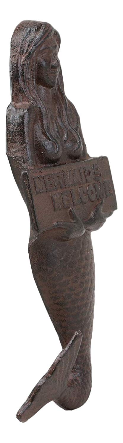 Ebros 12" Tall Cast Iron Mermaid Holding Mermaids Welcome Sign Wall Plaque