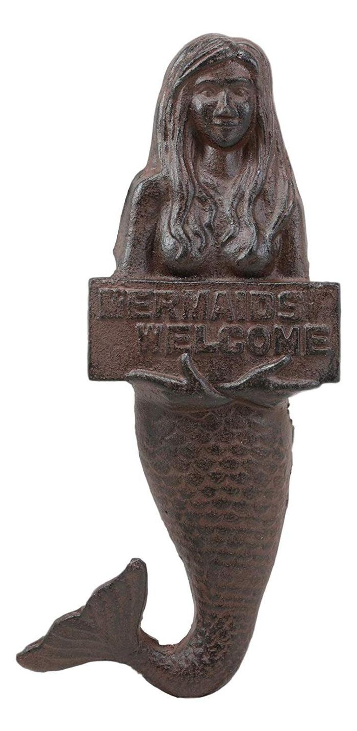 Ebros 12" Tall Cast Iron Mermaid Holding Mermaids Welcome Sign Wall Plaque
