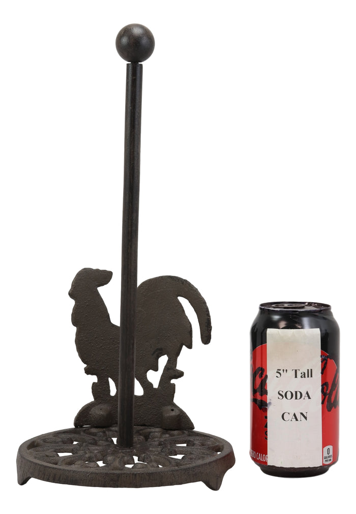 Ebros 13.5"Tall Cast Iron Metal Rustic Vintage Proud Farm Rooster Chicken With Scroll Art Design Paper Towel Holder Display Dispenser Stand Counter Top