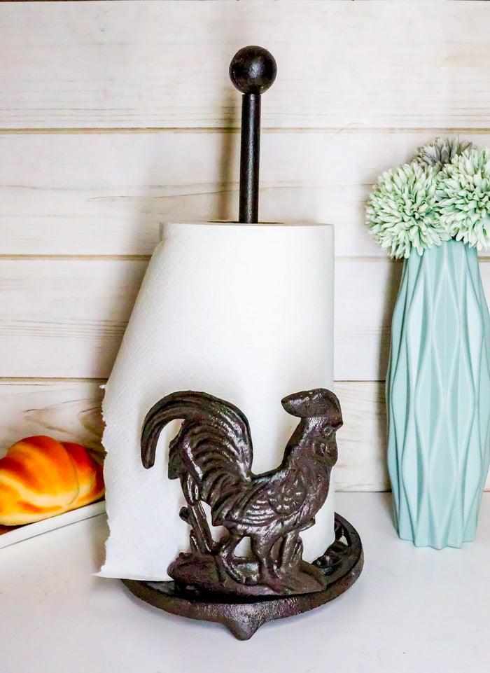 Ebros 13.5"Tall Cast Iron Metal Rustic Vintage Proud Farm Rooster Chicken With Scroll Art Design Paper Towel Holder Display Dispenser Stand Counter Top