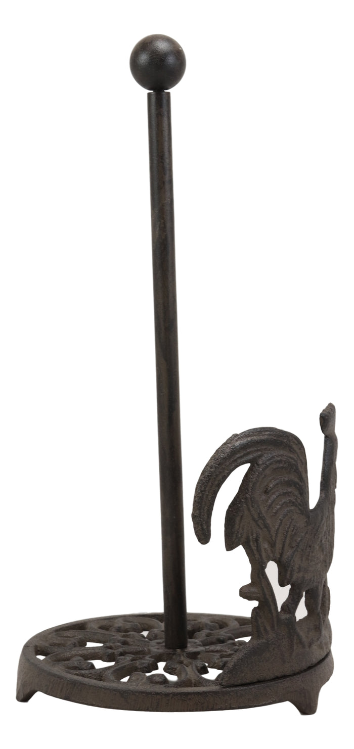 Ebros 13.5"Tall Cast Iron Metal Rustic Vintage Proud Farm Rooster Chicken With Scroll Art Design Paper Towel Holder Display Dispenser Stand Counter Top