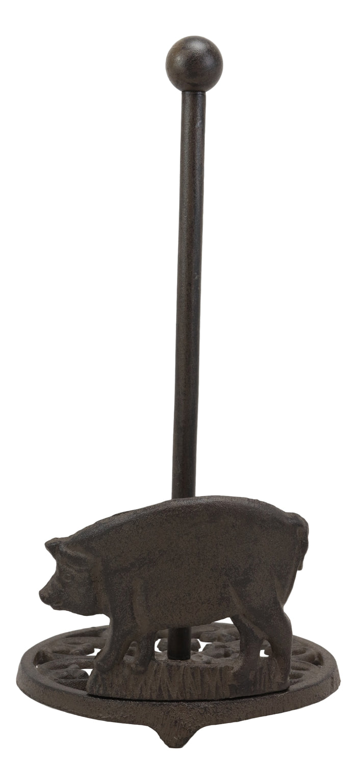 Ebros 13.5"Tall Cast Iron Rustic Farm Pig With Scroll Art Paper Towel Holder