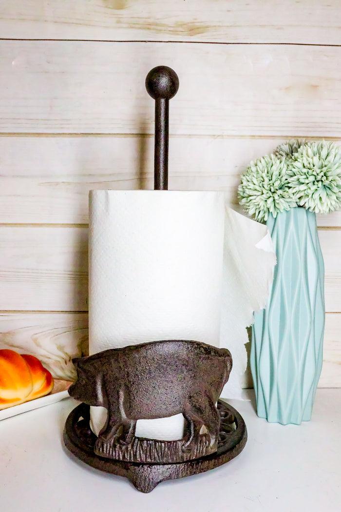 Ebros 13.5"Tall Cast Iron Rustic Farm Pig With Scroll Art Paper Towel Holder