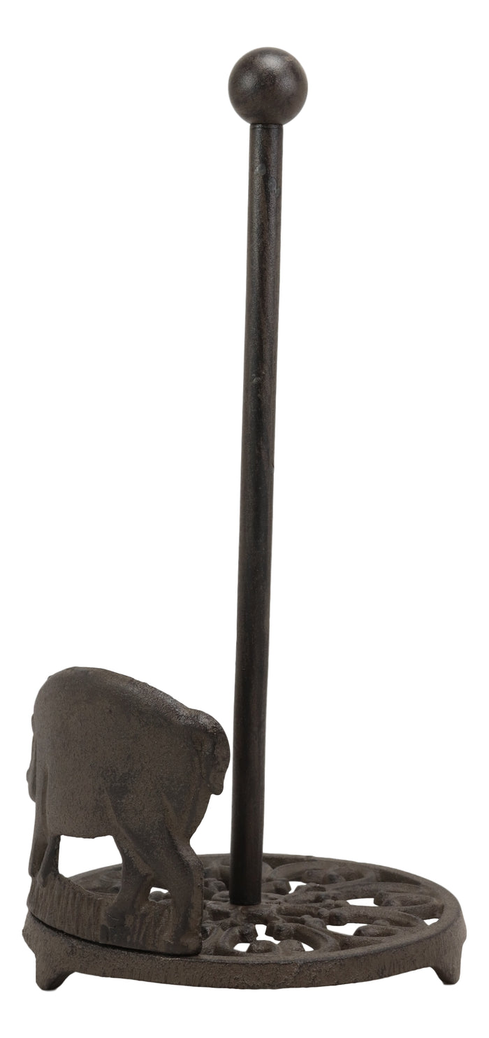 Ebros 13.5"Tall Cast Iron Rustic Farm Pig With Scroll Art Paper Towel Holder