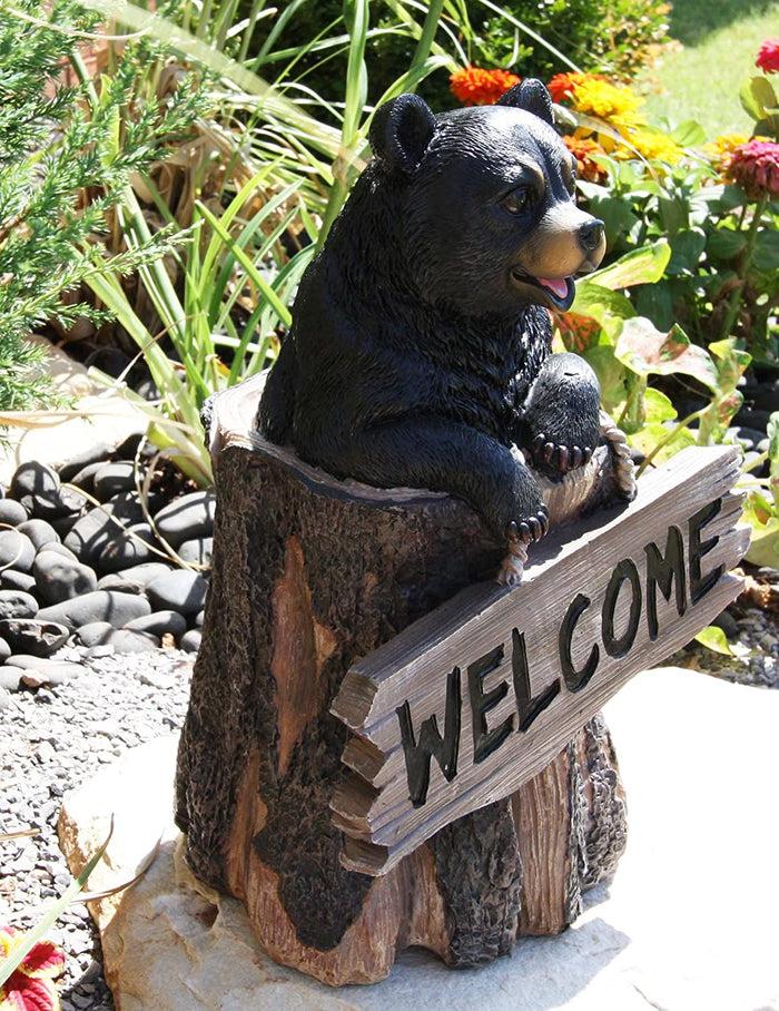 Ebros 13.5" Tall Welcome Sign Black Bear In Tree Bark Outdoor Decorative Statue