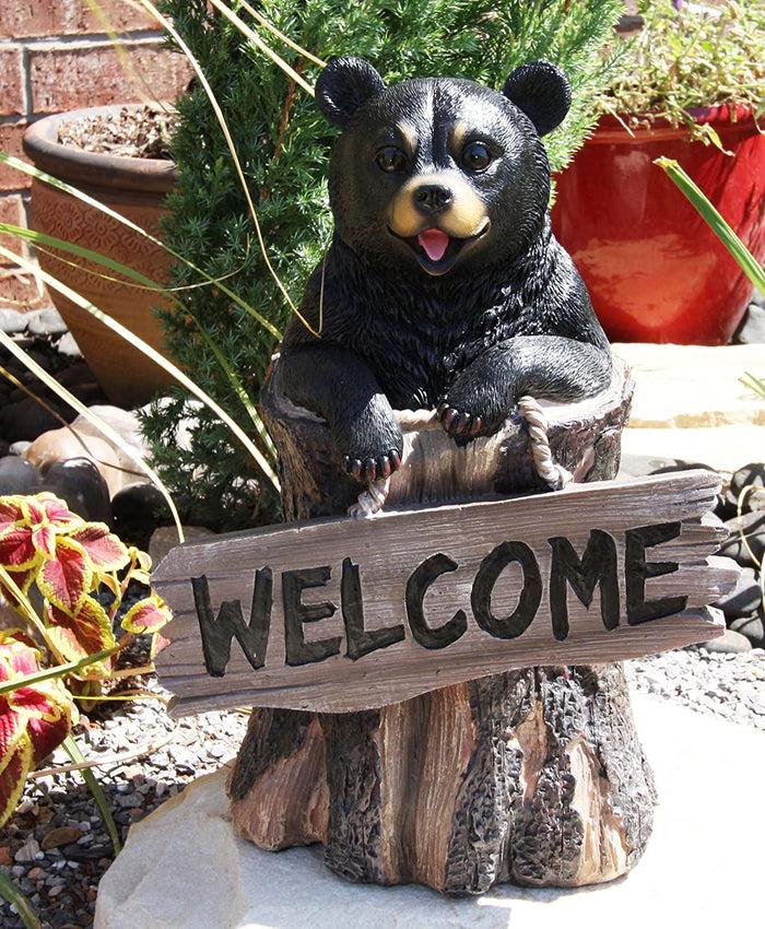 Ebros 13.5" Tall Welcome Sign Black Bear In Tree Bark Outdoor Decorative Statue