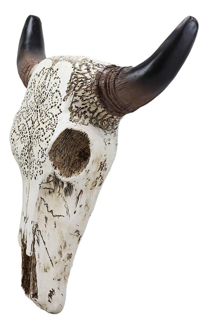 Ebros 13" High Steer Bison Buffalo Bull Cow Skull Head With Horns Wall Mount Decor With Tooled Southwestern Cross Pattern