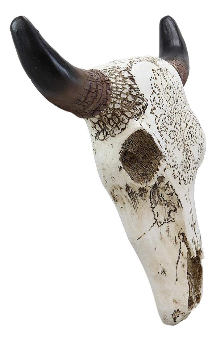 Ebros 13" High Steer Bison Buffalo Bull Cow Skull Head With Horns Wall Mount Decor With Tooled Southwestern Cross Pattern