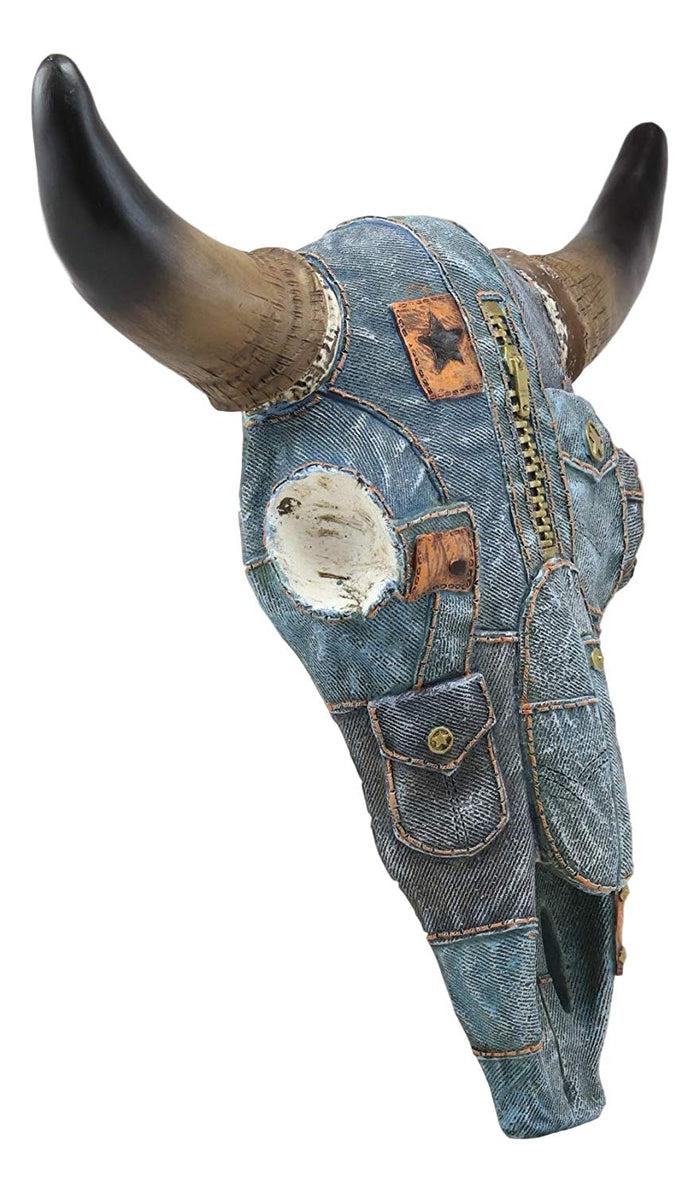 Ebros 13" Wide Western Southwest Steer Bison Buffalo Bull Cow Horned Skull Head In Cowboy Blue Denim Jeans Design Wall Mount Decor