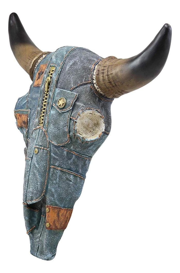 Ebros 13" Wide Western Southwest Steer Bison Buffalo Bull Cow Horned Skull Head In Cowboy Blue Denim Jeans Design Wall Mount Decor