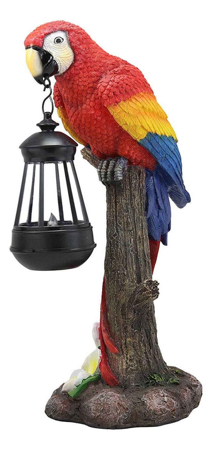 Ebros 14" Tall Red Scarlet Macaw Parrot Perching On Tree Stump Statue With Solar LED Lantern Light Path Lighter Home Garden Patio Parrots